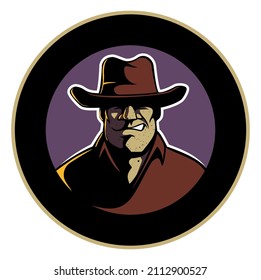 Comic book style portrait of a brutal man, cowboy character in a hat.