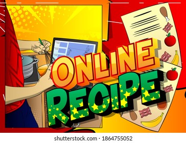 Comic book style poster for online cooking video blog, sharing recipe. Illustration of a cooks hands grating zest of lemon with text and receipts.