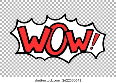 Comic book style red WOW text with an explosion bubble design. Transparent background ideal for pop culture, expressions, or graphic art purposes