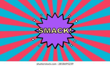 Comic book style smack explosion illustration with bright pink and blue rays behind purple burst