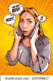 comic book style stock images, woman using two phones, She is busy and stressed about talking business work, cover template on yellow background, speech bubbles, doodle art, vector illustration.