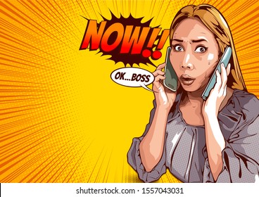 Comic Book Style Stock Images, Woman Using Two Phones, She Is Busy And Stressed About Talking Business Work, Cover Template On Yellow Background, Speech Bubbles, Doodle Art, Vector Illustration.