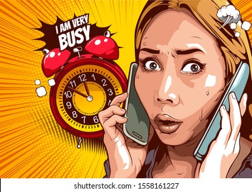 Comic Book Style Stock Images, Woman Using Two Phones, She Is Busy And Stressed About Talking Business Work, Cover Template On Yellow Background, Speech Bubbles, Doodle Art, Vector Illustration.