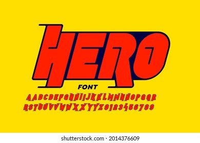 Comic book style superhero display font design, alphabet letters and numbers, vector illustration