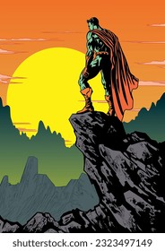 Comic-Superheld, der am Rande einer Klippe steht und bei Sonnenuntergang nach unten blicken und daran erinnern kann.