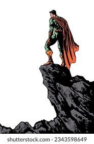 Comic book style superhero standing on the edge of a cliff, looking down and reminiscing during sunset.