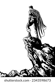 Comic book style superhero standing on the edge of a cliff, looking down and reminiscing during sunset.