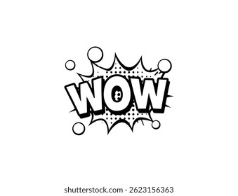 Comic Book Style "WOW" Word with Explosion, Dotted Background Effect, Pop Out, Outlined Black and White Bubble Graphic on a transparent background