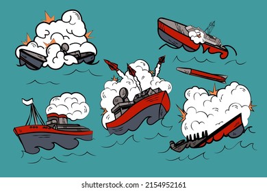 Comic book of submarines in battle cartoon illustration set. Warships or boats fighting in sea, exploding bombs, launching missiles. Military action, explosion concept