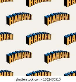 Comic book super hero style text, “ha ha ha!”. Seamless vector pattern in yellow, blue, black, and white. Creative background for print, textile, packaging, wrapping, greeting cards, web, or any use.