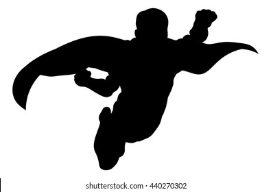 A comic book superhero flying through the air in silhouette