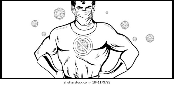 Comic Book superhero line drawing with hands on hips ready to fight Virus, logo on chest. Medical worker in Superhero costume wearing protective mask. Coronavirus COVID-19 test lab research protection