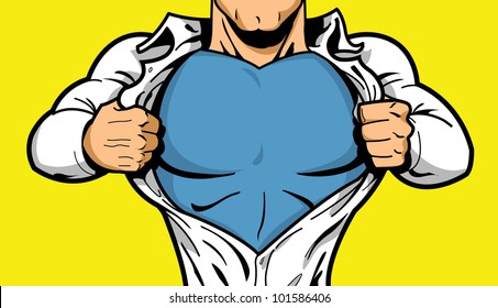 Comic book superhero opening shirt to reveal costume underneath.