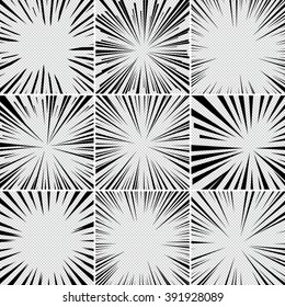 Comic book superhero pop art style black and white radial lines background. Manga or anime speed frame. Big collection of Explosion.