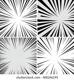 Comic book superhero pop art style black and white radial lines background. Manga or anime speed frame. Collection of Explosion.