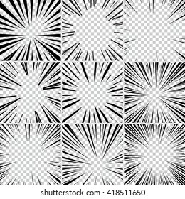 Comic book superhero pop art style black and white radial lines background. Manga or anime speed frame. Big collection of Explosion.
