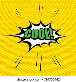Comic book template with Cool green inscription, white speech bubble, dotted, sound effects and circles on orange background. Vector illustration