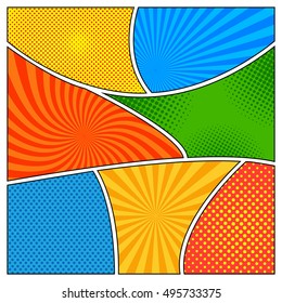 Comic book template in different colors with radial, dotted and halftone effects. Pop-art style background. Vector illustration
