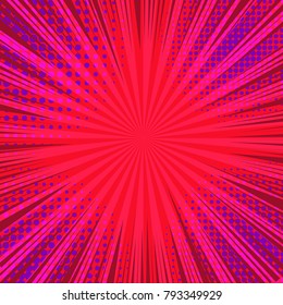 Comic book template with rays and light humor purple halftone effects on red radial background. Vector illustration