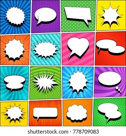 Comic book template with white blank speech bubbles of different shapes on colorful backgrounds with rays, halftone, slanted lines, radial and dotted effects. Pop-art style. Vector illustration