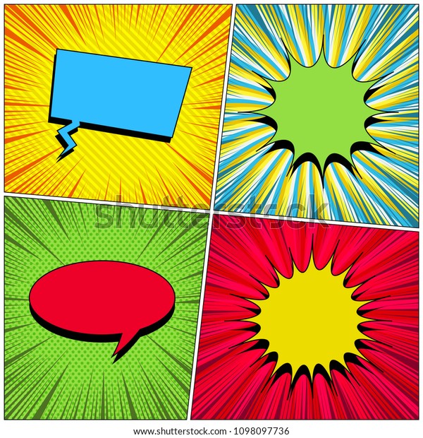 Comic book templates collection with\
colorful speech bubbles in different shapes halftone radial dotted\
slanted lines rays effects. Vector\
illustration