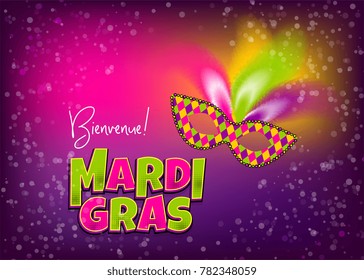 Comic book text cartoon vector illustration pop art. Realistic colored texture mask feather. Confetti background. Mardi Gras - Fat Tuesday welcome carnival carnival French-speaking country.