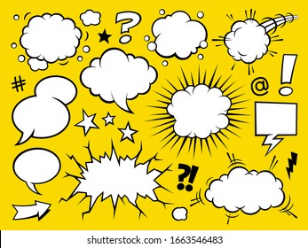 Comic Book Text Speech Bubble In Pop Art Style. Halftone Background Talk Chat Retro Speak Message. Empty White Blank Comment