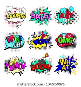 Comic book texts. Vector cartoon comics art speech bubbles and action blasts with text wow and ooops, sale and hello isolated on white background