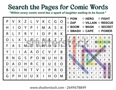 A comic book themed word search puzzle featuring words like hero, villain, power, and secret, with some words highlighted.