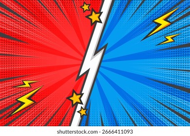 Fondo de Vector de cómic. Dibujos animados pop art retro starburst gráfico con explosión. Vs Plantilla azul y roja. Versus cartel brillante con efecto de semitono abstracto. Comparar Anuncio manga con líneas de velocidad