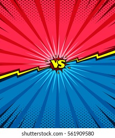 Comic book versus background, classic pop-art style, heroes battle intro, halftone print texture, red and blue corner