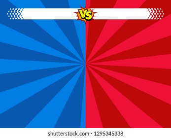 Comic book versus background, superhero action intro, red blue, halftone print texture