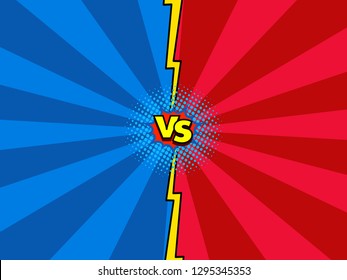 Comic book versus background, superhero action intro, red blue, halftone print effect texture