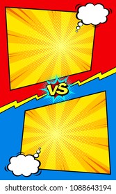 Comic book versus doodle background, superhero battle intro, halftone print texture