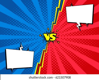 Comic book versus fight intro background, halftone print texture. Two rivals chat window.