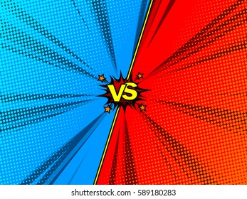 Comic book versus fight template background, red and blue corners, halftone print texture