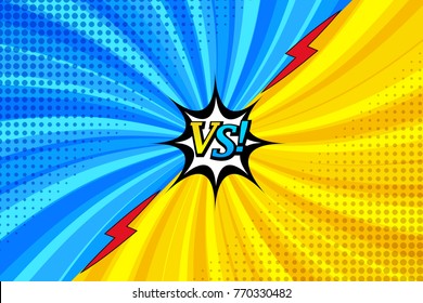 Comic book versus horizontal template with two confrontational sides, lightnings, speech bubble, twisted radial and halftone effects in blue and yellow colors. Vector illustration