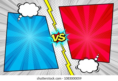 Comic book versus template background, classic pop-art style, battle intro, halftone print texture