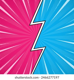 Comic book versus template background, classic pop-art style, superhero battle intro, halftone print texture