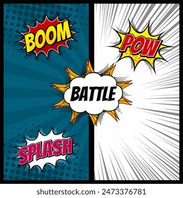 Comic book versus template background, classic pop-art style, superhero battle intro, halftone print texture