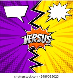 Comic book versus template background, classic pop-art style, superhero battle intro, halftone print texture