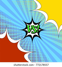 Comic book versus template with two colorful speech bubbles and halftone effects on blue radial background. Vector illustration