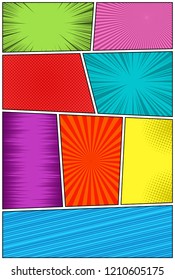 Comic book vertical template with different humor effects and colorful frames. Vector illustration