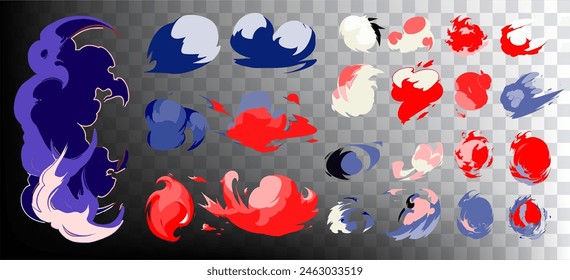 Comic book visual effects on transparent background. Vector illustration of explosions and dust clouds.