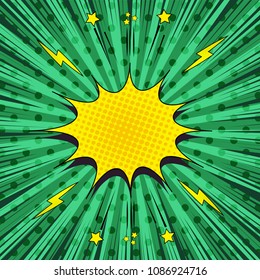 Comic book vivid template with yellow speech bubble, stars, lightnings, dark rays, dotted and radial effects on green background. Vector illustration