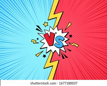 Comic Book VS Frame. Cartoon Versus Pop Art Lightning Halftone Background, Challenge Or Team Battle Competition Vector Illustration Template. Fight Battle And Compare, Challenge Comic Duel