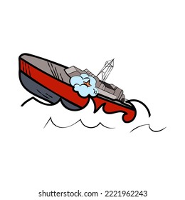 Historieta de buques de guerra hundiéndose en la ilustración de dibujos animados en el mar. Barcos luchando en el mar, barcos atacados por bombas explosivas o misiles. Acción militar, concepto de explosión