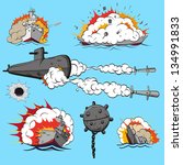 Comic book of warships battle. Bombs, explosion set. Vector illustration