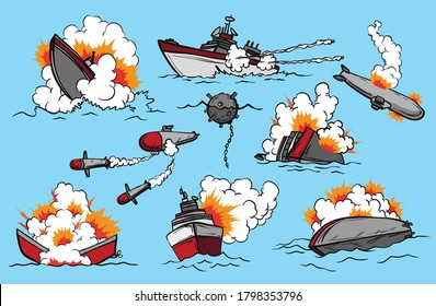 Juegos de barcos de guerra de libros de historietas. Colección de buques que lanzan misiles o explotan. Acción militar. Iconos de concepto de arte pop para la decoración de páginas de historietas o aplicaciones