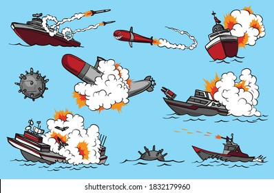 Comic book warships set. Collection of ships that launch missiles or explode. Military action. Pop art concept icons for comic book page or app decoration